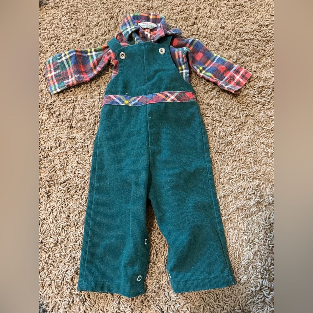 Vintage Health-tex green corduroy overalls w/ matching plaid shirt 12 months